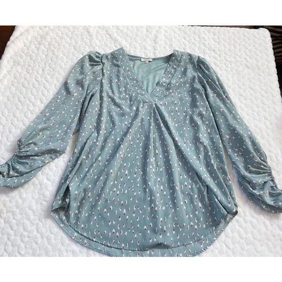 Mint Green Printed V-Neck Bubble long sleeve blouse - Picture 10 of 16